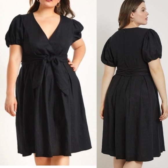 Eloquii Linen Blend Tie Front Belted Puff Sleeve Midi Dress: Black Boho Bohemian - Picture 1 of 11